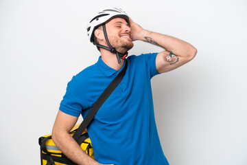 Young brazilian man with thermal backpack isolated on white background has realized something and intending the solution