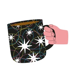 Vector illustration with human hand holding cup with stars and drink inside. Tea, hot chocolate or coffee print design - 515852622