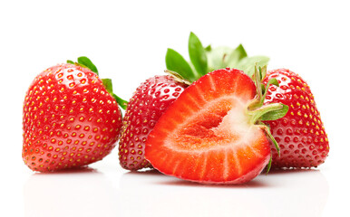 strawberries isolated on white background, red berries whole and sliced in details, concept of...