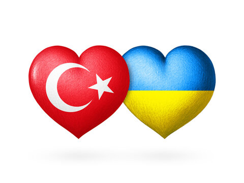 Two flags. Flags of Ukraine and Turkey. Two hearts in the colors of the flags isolated on a white background. Protection, solidarity and help.