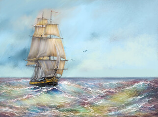 Old ship in the sea. Paintings sea landscape © yaroslavartist