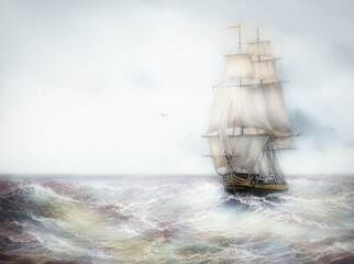 Fototapeta premium Old ship in the sea. Paintings sea landscape
