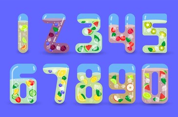 Numbers transparent glass drinks summer cocktail with fruits set vector illustration