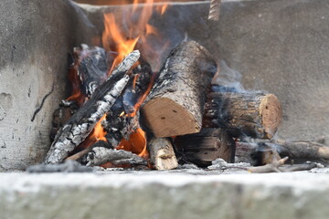 bonfire with logs to make an argentine asado (barbecue)