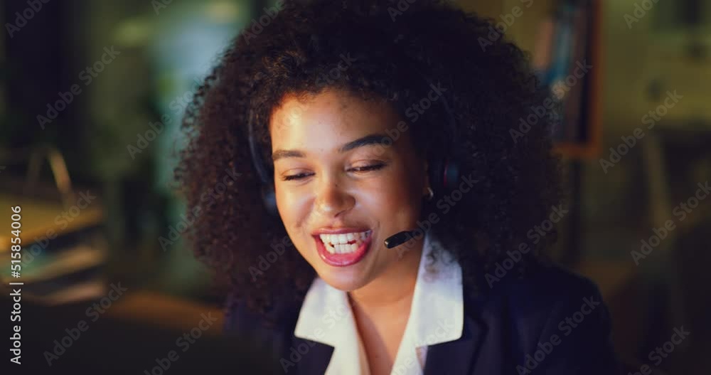 Aufkleber Female customer service representative using headset and consulting clients via online help desk at night. Smiling young woman with headset doing video call and working late on the hotline from home