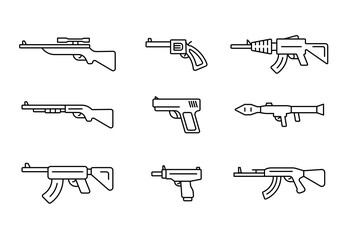 Weapons line icons set on white background. Editable stroke