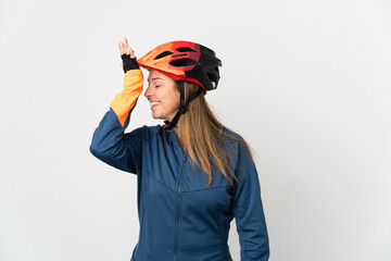 Middle age cyclist woman isolated on white background has realized something and intending the solution