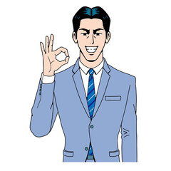 アメコミタッチのokポーズの日本人ビジネスマン