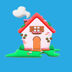 3d rendered cute and mini pink house  graphic on blue