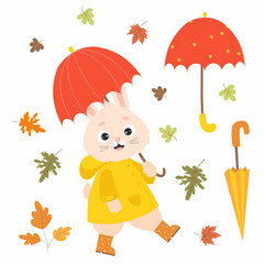 Obraz na płótnie Canvas Autumn set with cute rabbit in raincoat and rubber boots under an umbrella and falling autumn leaves. Vector illustration. Isolated elements. Autumn character bunny for cards, design, decor and print.