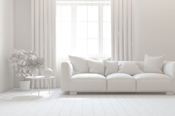 Mock up of minimalist living room in white color with sofa. Scandinavian interior design. 3D illustration