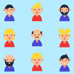 Collection of simple various flat avatars of men and women on light blue background. Perfect for web sites, stores, apps