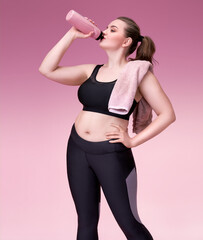 Sporty girl drinks water after training. Photo of pretty model with curvy figure in black sportswear on pink background. Sports motivation and healthy lifestyle
