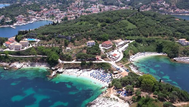 Greece summer holidays . Best beaches of Corfu island .aerial drone view of Kassiopi north-eastern part