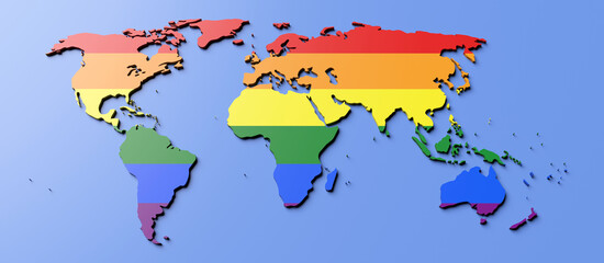 Rainbow colors gay pride flag in World map shape. LGBTQ community rights worldwide. 3d render