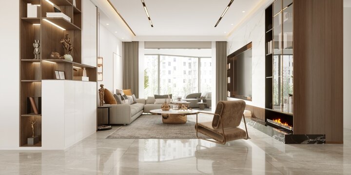 3d render of luxury home interior, living room