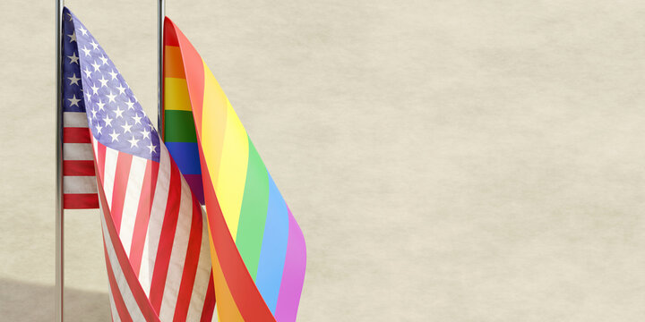 LGBT Gay Pride And US America Flag. LGBTQ Community Rights In United States. 3d Render