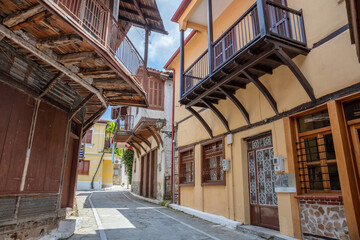 Greece Macedonia, Arnaia village Halkidiki. Mansion, loggia, tile roof, internal covered balcony.