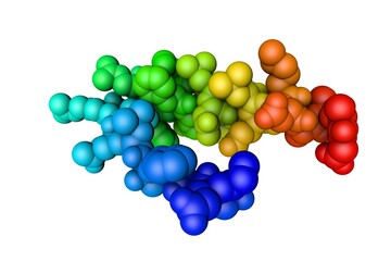 Structure of P53 tumor suppressor. Space-filling molecular model isolated on white background. Rendering based on protein data bank. Rainbow coloring from N to C. 3d illustration