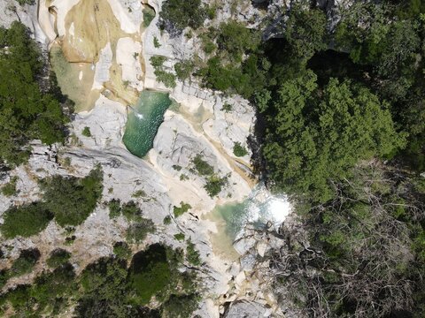 Aerial View Of Vothnes Natural Pools, Of Keramitsa Village, Greece, Epirus, Thesprotia