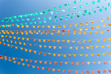 Joanópolis, São Paulo, Brasil: decoração da festa junina de São João, com bandeiras coloridas...