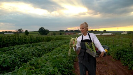 Wide angle view of stylish, smiling, female chef carrying a crate of vegetables on her hip and smelling fresh picked corn.
