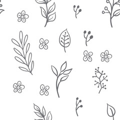 Leaves and flowers seamless pattern. Doodle nature elements background texture. Botanical design.