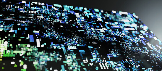 Nano electronics processing. Extremely Shallow depth of field. Futuristic abstract hi-tech electronics equipment background. Black surface with sci-fi style blue illuminated circuits. 3D rendering. - obrazy, fototapety, plakaty