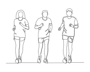 Fototapeta na wymiar Continuous line of 3 runners run together. Group of runner running in competition concept vector.
