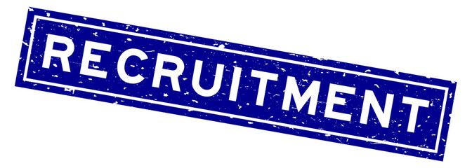 Grunge blue recruitment word square rubber seal stamp on white background