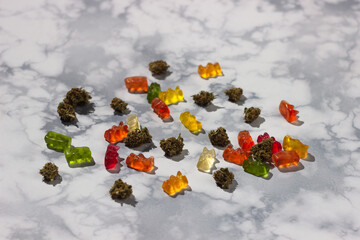 Several dry buds of medical marijuana lie at random among gummy bears of different colors with the...