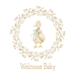 Watercolor illustration card welcome baby with wreath and goose. Isolated on white background. Hand drawn clipart. Perfect for card, postcard, tags, invitation, printing, wrapping.