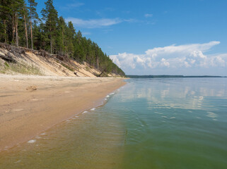 Forest on the sandy shore with the sandy beach of the Onega Lake in a calm weather summer on a sunny day. Karelia, Northwest Russia
