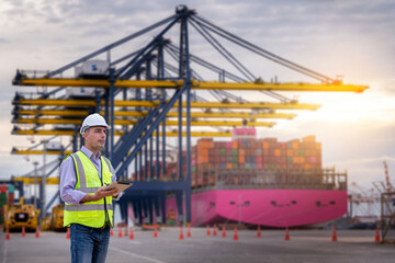 Engineer wearing uniform inspection and detail on tablet with logistics container dock cargo yard...