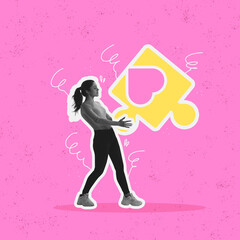 Creative artwork. Happy girl carries giant drawn piece of puzzle isolated over pink background. Concept of self-knowledge, love, hope concept.