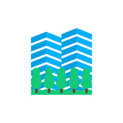 Skyscraper and landscape with trees. Colorful colored design and drawing. Isolated vector illustration on white background.