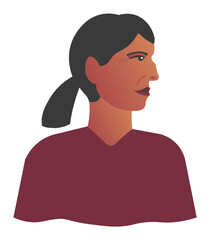 Portrait of adult brown-skinned woman in burgundy sweater. Latino middle age brunet female with face in profile. Shoulder-length side view portrait in flat style. Vector illustration for print, poster