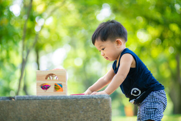Toddler asian 2 year boy playing on green grass in nature park