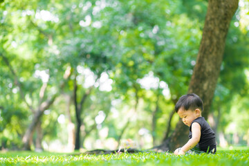 Toddler asian 2 year boy playing on green grass in nature park