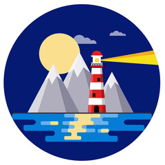 Lighthouse by sea. High red-white building on mountain and beautiful landscape. Night view. Summer season. Marine navigation in circle logo. Cartoon flat illustration