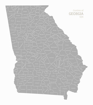Highly detailed gray map of Georgia, US state. Georgian editable administrative map with territory borders and counties names labeled vector illustration