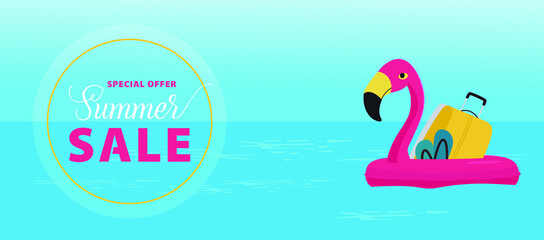 Summer sale banner with the flamingo inflatable ring and the sea. Vector illustration