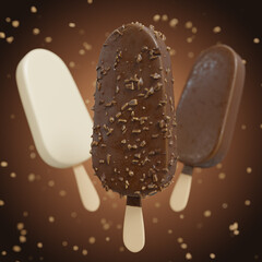 set of vanilla ice cream stick bar covered with chocolate and crunchy almonds isolated on white background .3D Render Illustration.