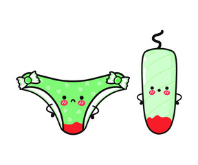 Cute, funny sad green panties and tampon menstrual with blood. Vector hand drawn cartoon kawaii characters, illustration icon. Funny sad cartoon green panties and tampon menstrual mascot friends