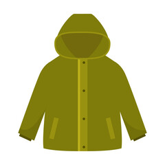 Cartoon autumn childrens green jacket with hood. Vector cloth for autumn design.