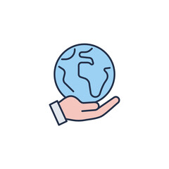 Hand holding globe or planet earth icon. High quality coloured vector illustration.