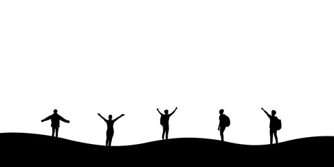 Fototapeta na wymiar Silhouette group of young traveler standing on top of the mountain and open arms. Demonstrates joy and teamwork in helping each other.