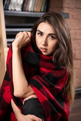 Young woman model posing with checkered plaid near Christmas balls