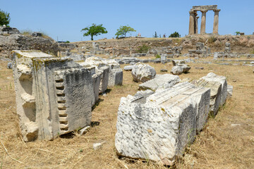 View at the archeolgical site of ancient Corinth in Greece