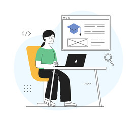 Distance education concept. Woman listens to online course on laptop. Student preparing for exams or doing project for diploma. Learning and study. Cartoon flat vector illustration in doodle style